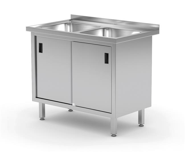 Stół z dwoma zlewami, szafka z drzwiami suwanymi, o wym. 1000x600x850 mm Wariant podstawowy
