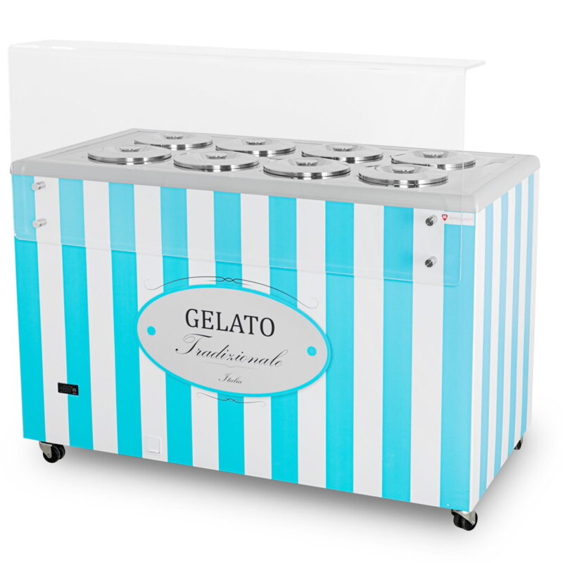 Dystrybutor do lodów | witryna do lodów | konserwator | retro | 8 tub | okrągłe kuwety | 1283x670x895 mm | GELATO POZETTI 8 BLUE
