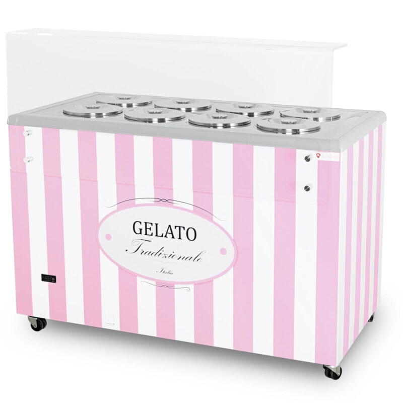 Dystrybutor do lodów | witryna do lodów | konserwator | retro | 8 tub | okrągłe kuwety | 1283x670x895 mm | GELATO POZETTI 8 PINK