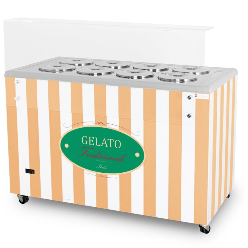 Dystrybutor do lodów | witryna do lodów | konserwator | retro | 8 tub | okrągłe kuwety | 1283x670x895 mm | GELATO POZETTI 8 BEIGE