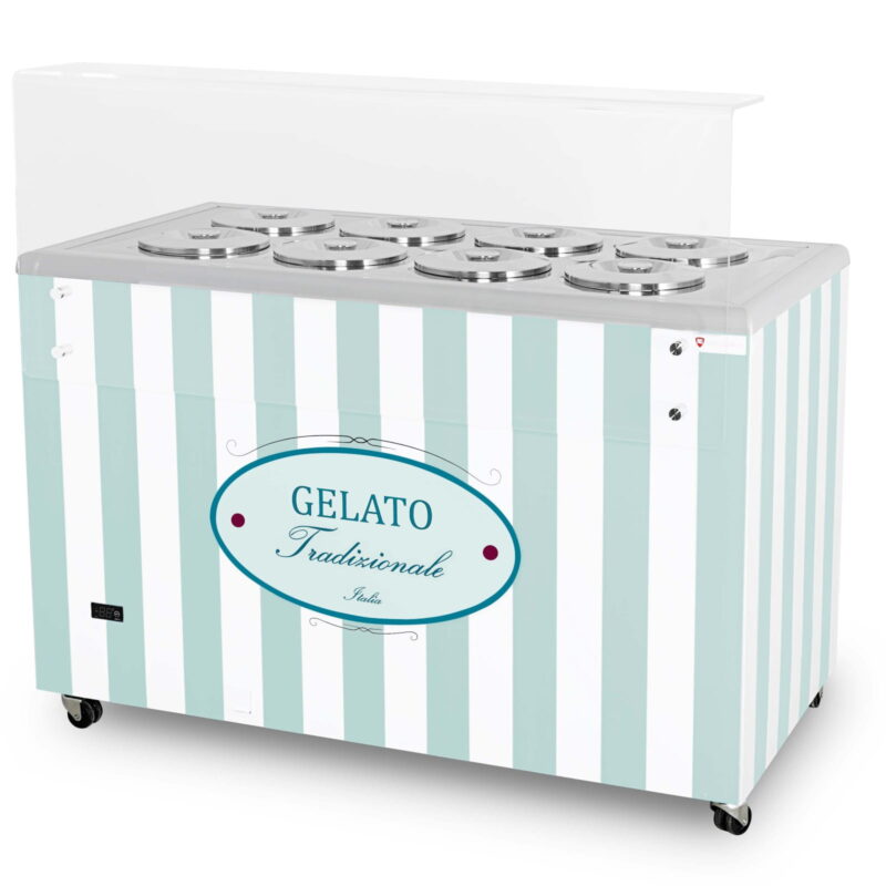 Dystrybutor do lodów | witryna do lodów | konserwator | retro | 8 tub | okrągłe kuwety | 1283x670x895 mm | GELATO POZETTI 8 PASTEL BLUE